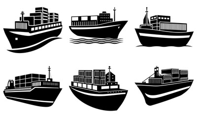 Six black and white cargo ships with containers on a white background container ship silhouette