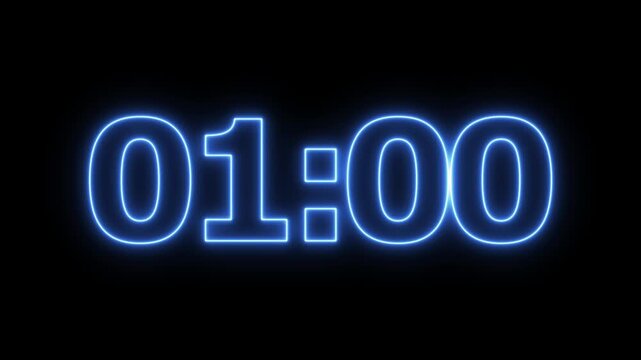glowing neon 1 minute 5 second countdown animation from 65 seconds to 0 seconds on a transparent background, neon One minute 5 second countdown timer with alpha channel