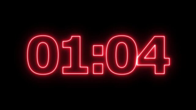 glowing neon 1 minute 10 second countdown animation from 70 seconds to 0 seconds on a transparent background, neon One minute 10 second countdown timer with alpha channel