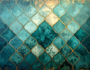 Abstract, jewel-toned trellis design with gold outlines and marbled textures
