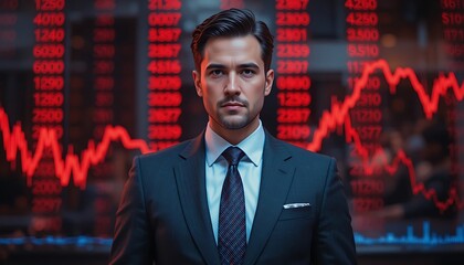 Fototapeta premium Serious Mature Businessman in Suit Standing Against Red Stock Market Crash Display, Financial Crisis Concept Showing Economic Downturn Capital Loss Global Recession and Investment Stress Impact.