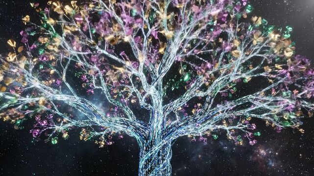 Luminous fiber optic tree with glowing multicolored leaf and twisted illuminated trunk merges with glowing data stream digital network core and fiber optic tangle, neon blue luminous cybernetic
