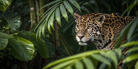 Jaguar stealthily navigating dense tropical forest