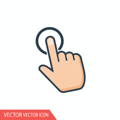 Stylized hand with index finger touching a dark blue circle on white background