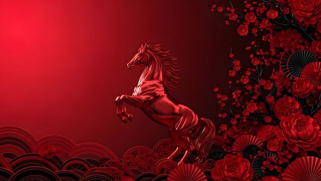 A rearing horse in a dynamic pose with red flowers and fans in the background for a chinese new year or festive concept