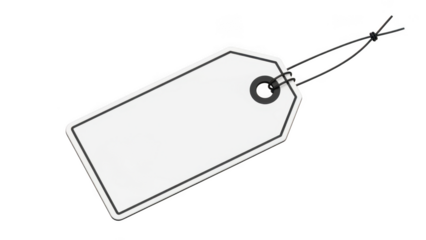 White rectangular gift tag with black outline and string isolated on transparent background