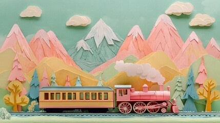 Scenic Paper Art Train, Mountains & Pastel Landscape