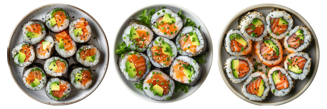 Set of fresh sushi maki rolls with salmon, avocado and black sesame seeds isolated on transparent or white background