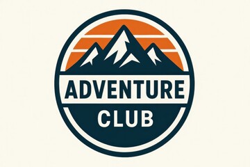 Obraz premium A circular logo featuring mountains and the text 'Adventure Club'. The design uses a color palette of orange, navy blue, and cream, emphasizing outdoor adventure themes.