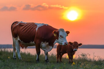 A heartwarming shot of a cow and her calf grazing side by side, with the sun setting in the background, painting the sky in hues of orange and pink.
