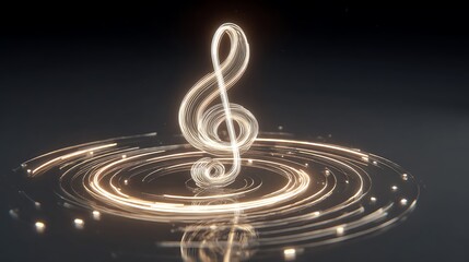 Glowing treble clef symbol emerging from ripples on dark background with light trails and reflections
