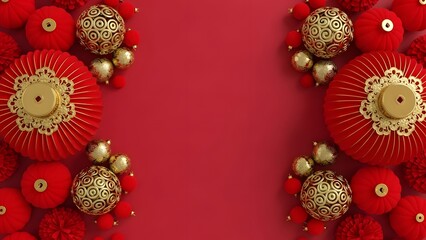 Red and gold christmas ornaments on a red background with a festive holiday theme and decorative baubles