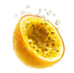 A freshly cut passion fruit showcasing its vibrant golden pulp, glossy black seeds, and juicy texture with suspended droplets that emphasize freshness.
