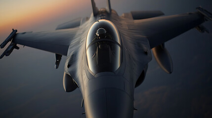 High-speed flight of a military jet is captured in this image. A single-seat aircraft soars against the sky, displaying its aerodynamic design and advanced technology in the sunset.