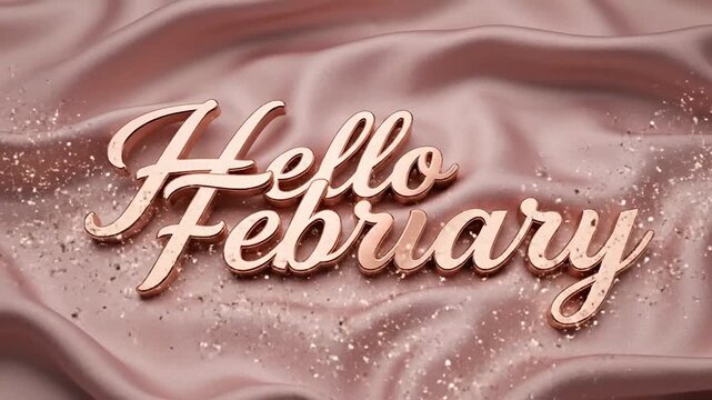 Hello February Rose Gold Script Text on Elegant Pink Satin Fabric Background.