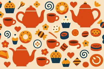 A colorful pattern featuring teapots, cupcakes, candies, and hearts. The design includes various sweet treats and playful elements in vibrant colors.
