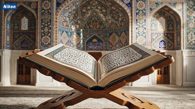 Holy Quran on Traditional Rehal in Grand Mosque Interior with Intricate Islamic Architecture.