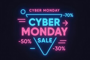 Fototapeta premium Bright neon sign promoting Cyber Monday sales with discounts of 30%, 50%, and 70%. The design features vibrant colors against a dark background.