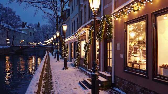 Charming riverside cobblestone street decorated with festive string lights, cozy bakery with glowing window display, trees wrapped in fairy lights, winter holiday
