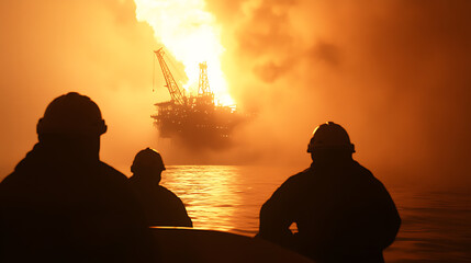 A dramatic scene of workers observing an offshore platform engulfed in flames at sea. The silhouettes create a powerful contrast against the fiery backdrop.