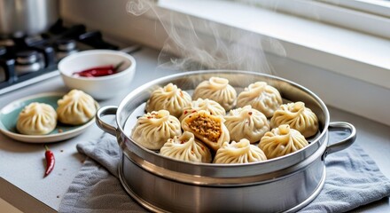 Heartwarming Home-Style Momos Steaming on a Wooden Table, Radiating Comfort