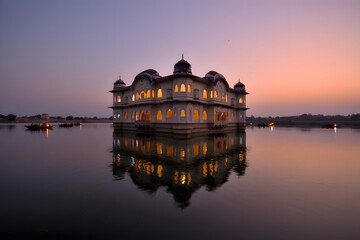 Illuminated palace on serene waters at sunset
