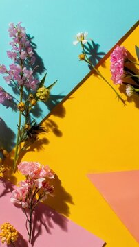 Blumen auf farbigem Papier (Flatlay)