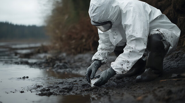 Scientist in protective suit, goggles, and gloves collecting sample from polluted lake shore, environmental research, hazard assessment, contamination analysis.