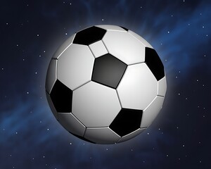 Naklejka premium A detailed 3D rendering of a classic black and white soccer ball suspended in a dark, starry night sky with swirling blue nebulas and glowing white pinpricks of light representing distant stars