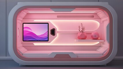a futuristic pod with a pink aesthetic features a screen plant and decorative items inside high quality professional