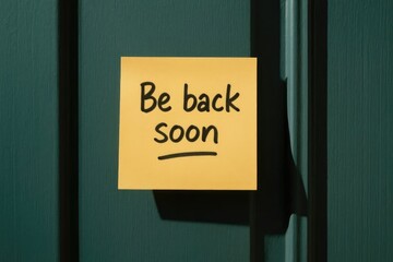 A yellow sticky note with the message 'Be back soon' is attached to a green door. The note is clearly visible and contrasts with the door's color.