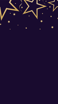 Fondo elegante vertical para invitaci&oacute;n de fiesta con brillo dorado, estrellas y confeti en azul noche