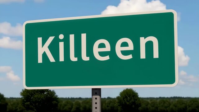 Killeen city road sign with green landscape and blue sky