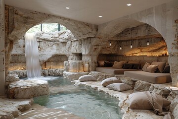 Tranquil Stone Grotto Spa: Waterfall & Cozy Seating
