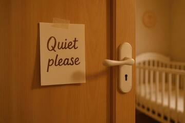 A wooden door with a sign that reads 'Quiet please' is partially open, revealing a nursery with a crib in the background.