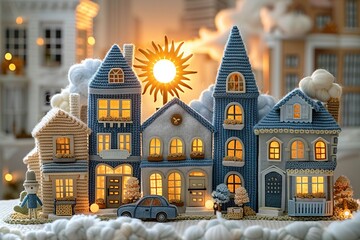 Handmade Knitted Town Houses - Cozy Village Scene