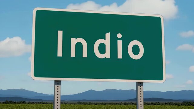 Indio city road sign with mountains and blue sky