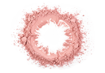 Ultra-fine, delicate blush pink powder with granular texture and soft, diffused edges, forming an incomplete circle on a transparent background with copy space, concept of purity and delicate