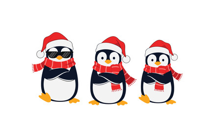A festive trio of cool cartoon penguins wearing red Santa hats and scarves, with arms crossed and one wearing sunglasses for fun.