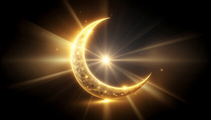Golden crescent moon with radiant sunburst and lens flares on a dark background, conveying a sense of celestial wonder and awe.