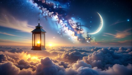 Serene nighttime scene with a glowing lantern floating above fluffy clouds, crescent moon shining bright in a starry sky with a warm, celestial glow and dreamy atmosphere.