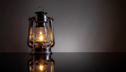 A vintage metal lantern with a lit candle inside sits on a reflective surface against a dark background with soft lighting.