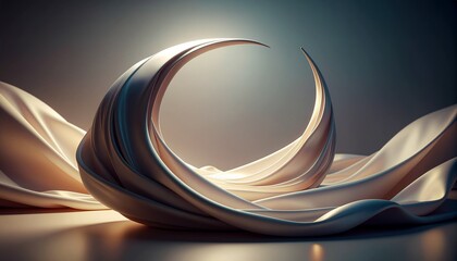 Close-up of flowing abstract metallic sculpture with smooth curves and warm lighting on a dark background with a sense of movement and fluidity.