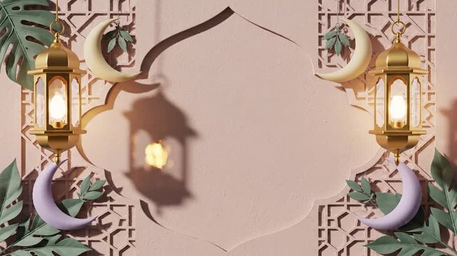 Ramadan Kareem Festive Background with Golden Lanterns and Crescent Moons.