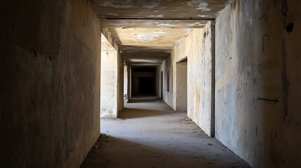 Fototapeta premium A derelict hallway shrouded in mystery, with its rough concrete walls & dim shadows, evokes a sense of intrigue and potential danger. The stark contrast heightens the suspense.