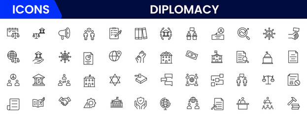 The diplomacy outline icon set comprises spoken and written communication, leaders, diplomats, the international system, and foreign policy. 