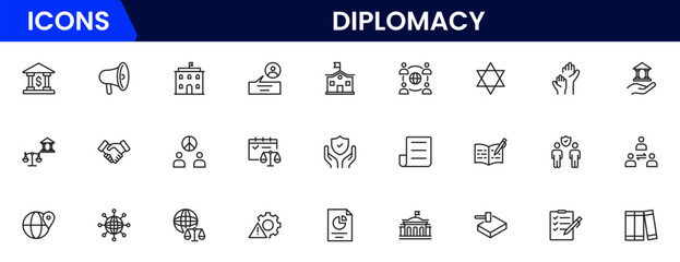 The diplomacy outline icon set comprises spoken and written communication, leaders, diplomats, the international system, and foreign policy. 