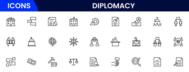 The diplomacy outline icon set comprises spoken and written communication, leaders, diplomats, the international system, and foreign policy. 