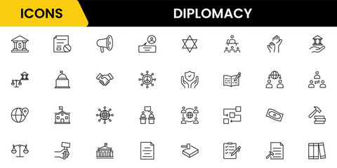 The diplomacy outline icon set comprises spoken and written communication, leaders, diplomats, the international system, and foreign policy. 