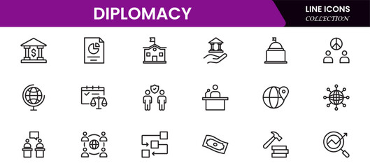 The diplomacy outline icon set comprises spoken and written communication, leaders, diplomats, the international system, and foreign policy. 